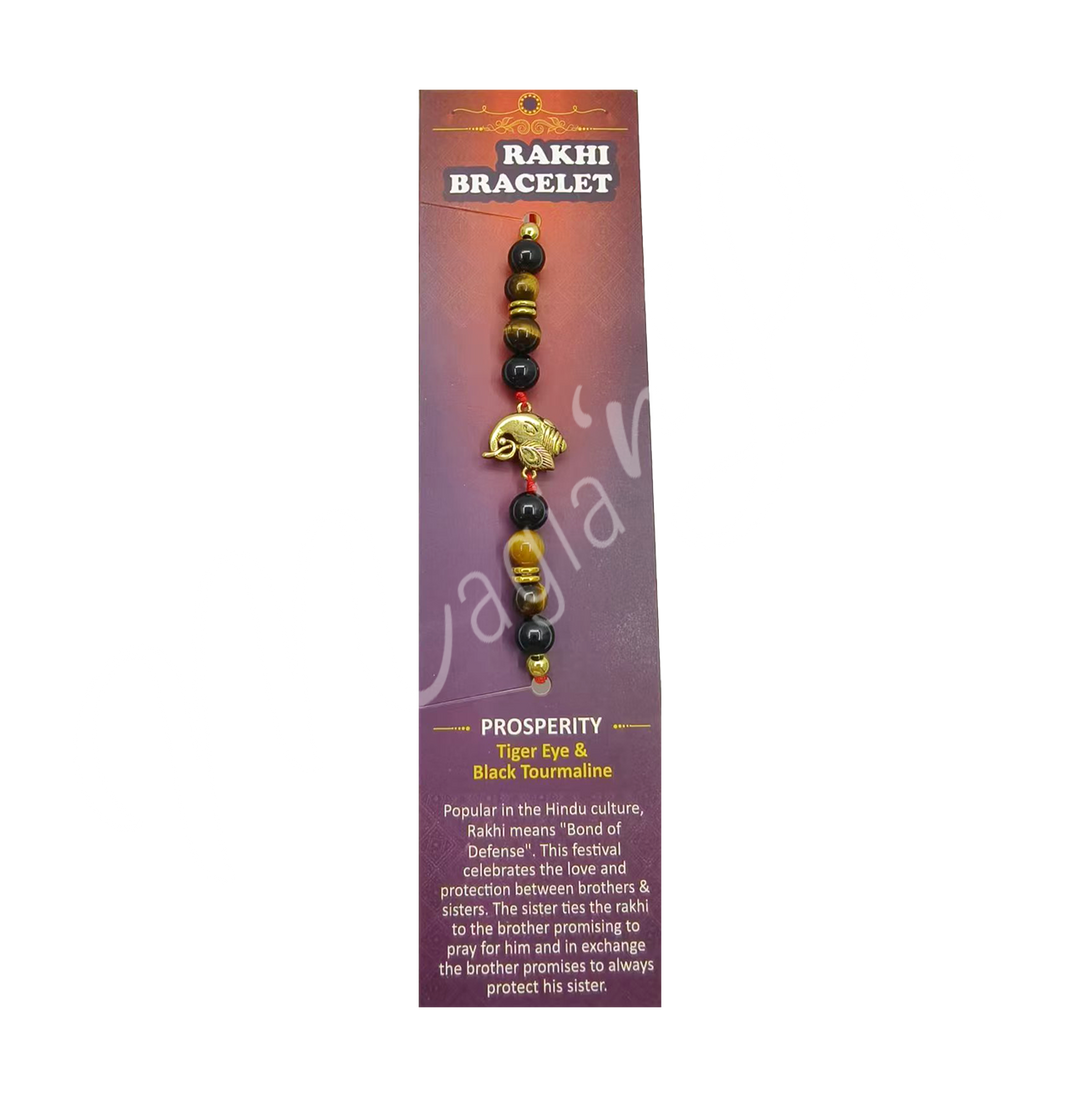Bracelet Adjustable Rakhi for Prosperity w Ganesha and Black Tourmaline & Tiger Eye (6 mm) 3-11.75"