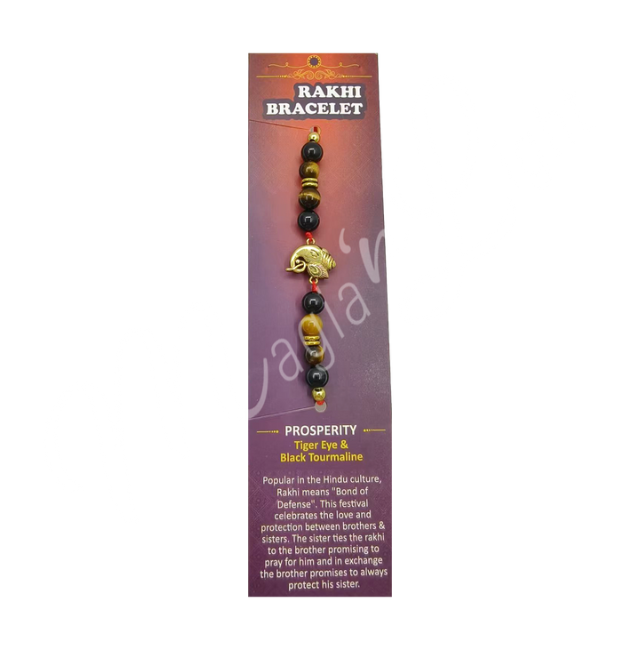 Bracelet Adjustable Rakhi for Prosperity w Ganesha and Black Tourmaline & Tiger Eye (6 mm) 3-11.75"