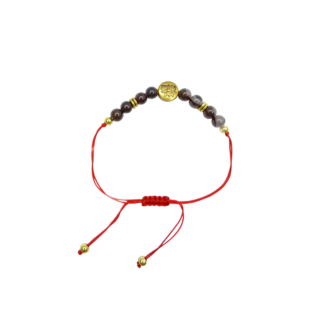 Bracelet Adjustable Rakhi for Abundance w Lotus & Garnet (6 mm)