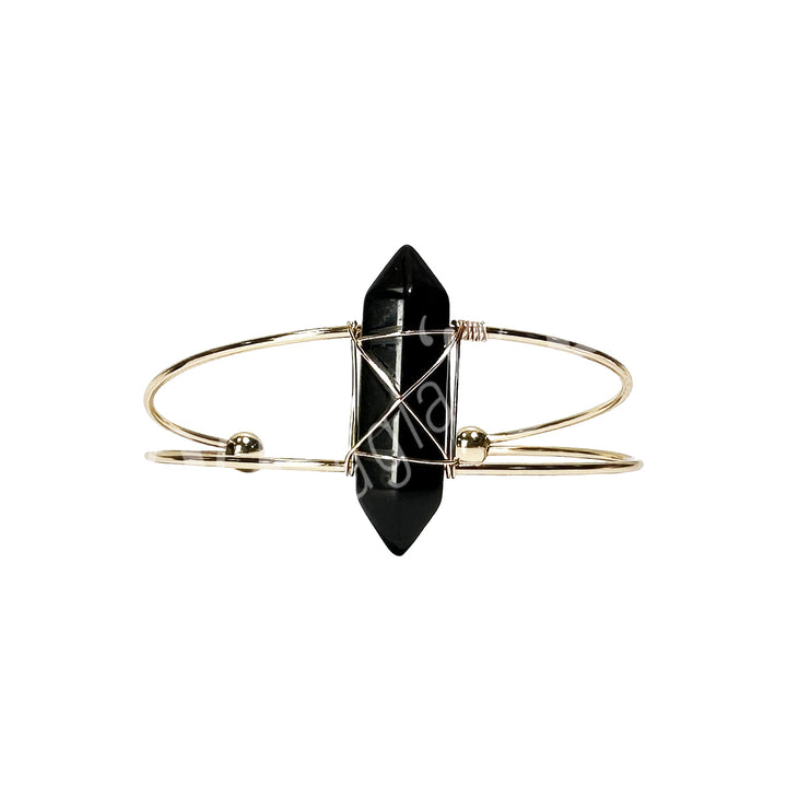 Pulsera ajustable de Obsidiana Negra envuelta en alambre 2.35-2.5"dia.