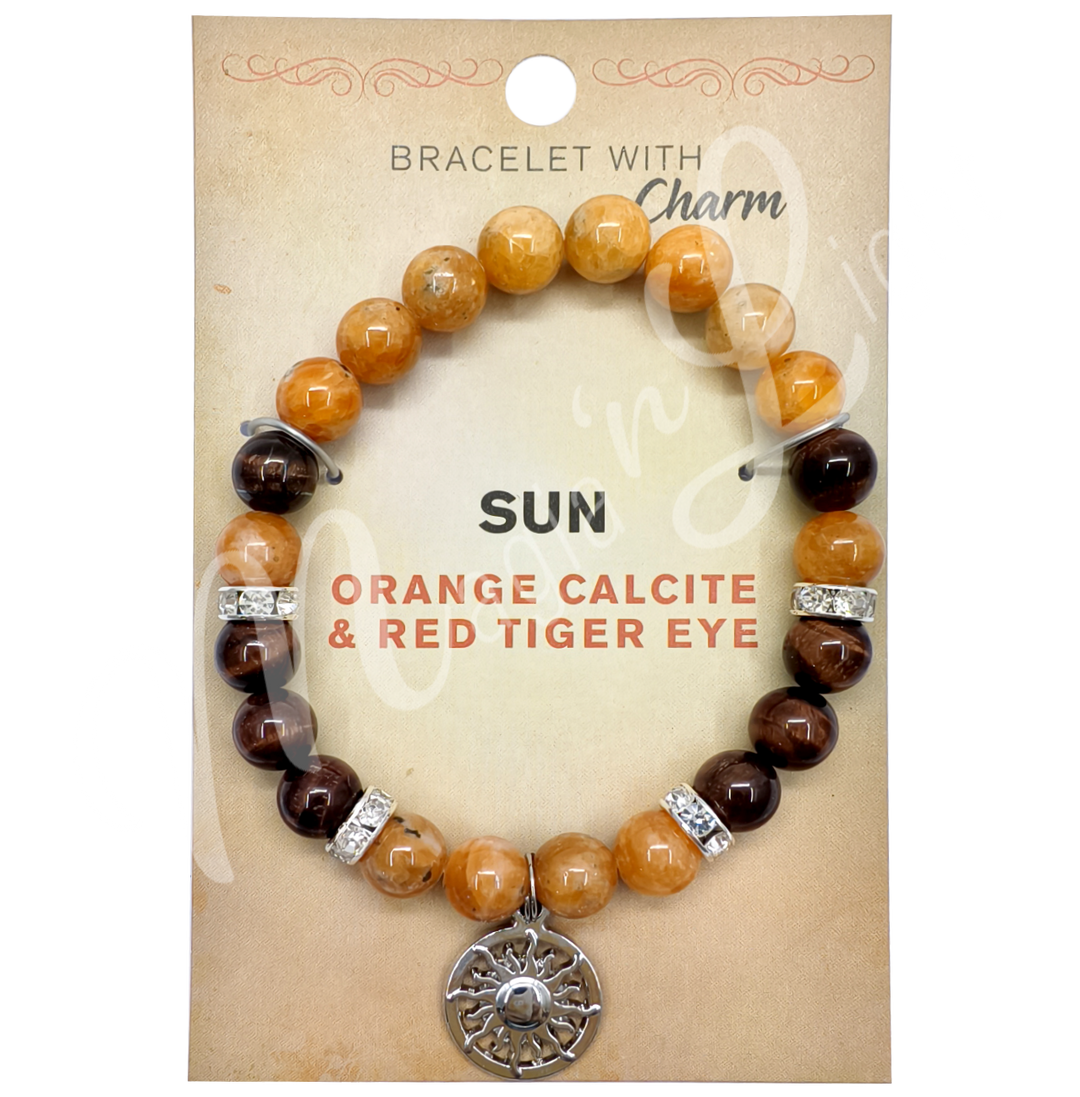Bracelet Orange Calcite & Red Tiger Eye w Sun Charm 8-8.5"