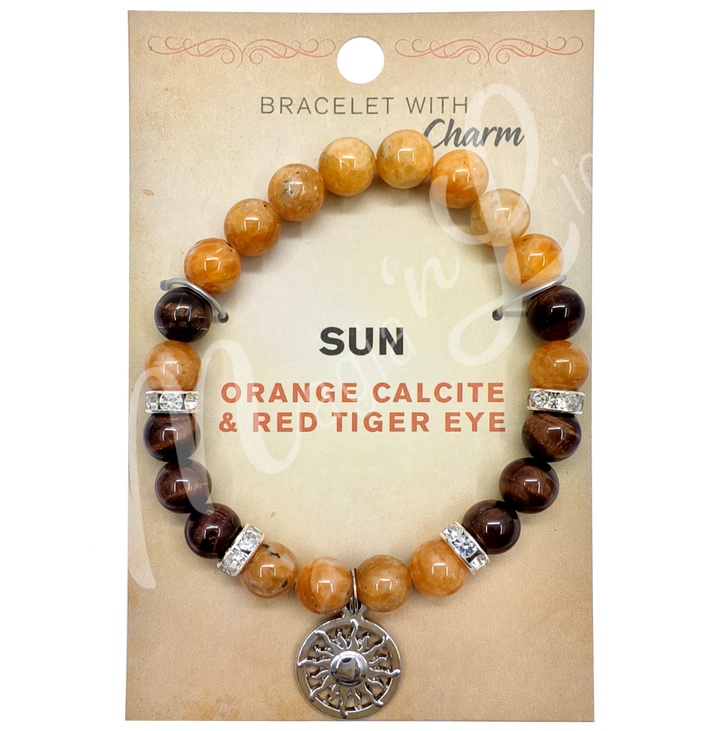 Bracelet Orange Calcite & Red Tiger Eye w Sun Charm 8-8.5"