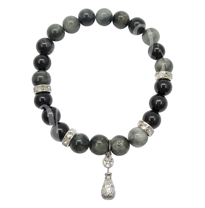 Bracelet Eagle Eye & Black Tourmaline w Broom Charm (8-8.5 MM) 7.15-7.25"