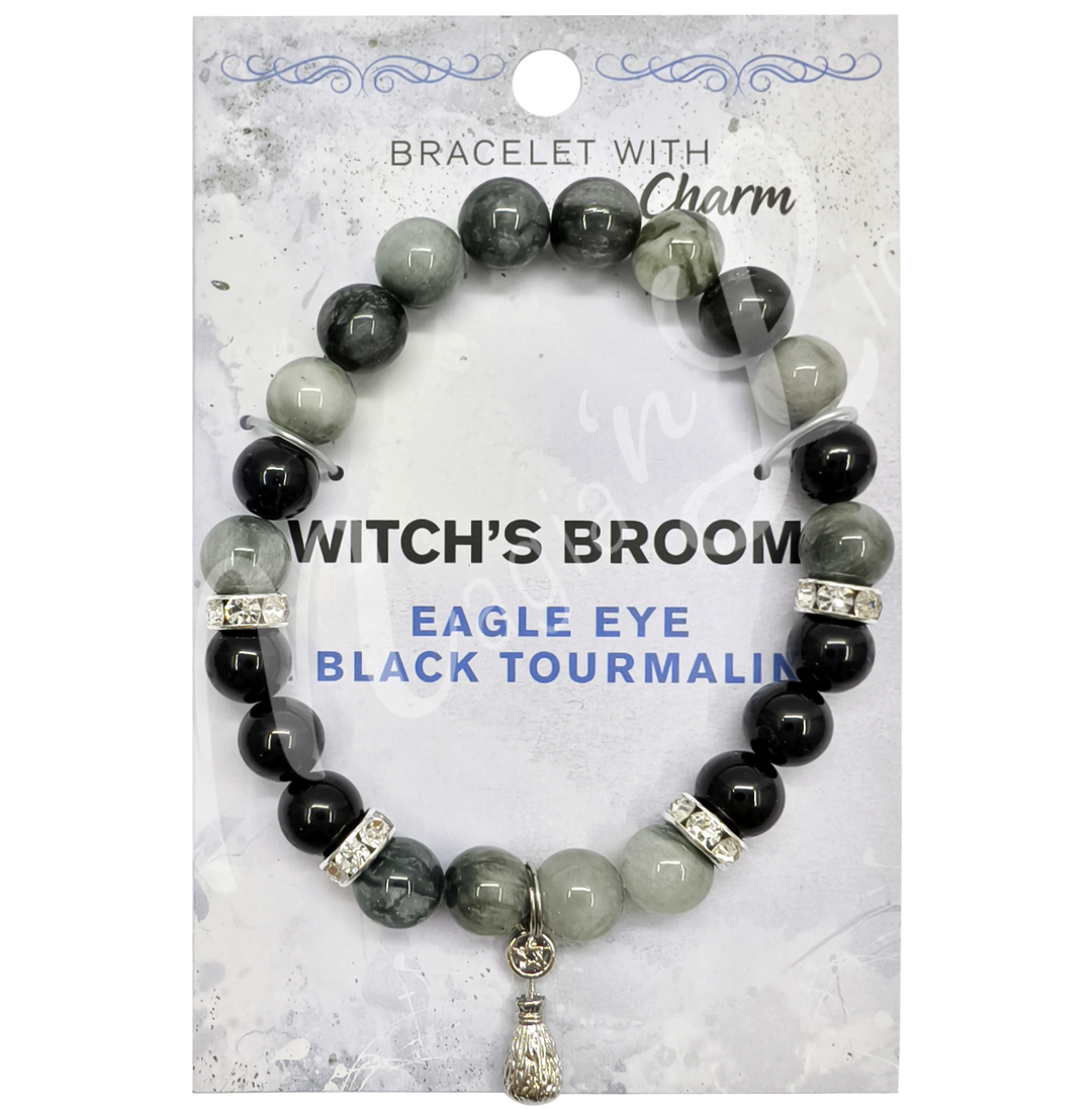 Bracelet Eagle Eye & Black Tourmaline w Broom Charm (8-8.5 MM) 7.15-7.25"