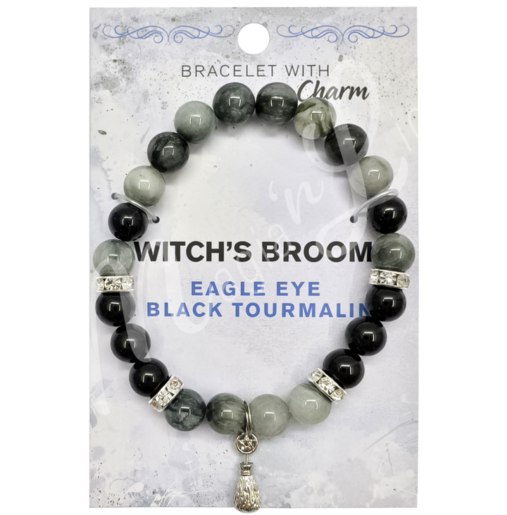 Bracelet Eagle Eye & Black Tourmaline w Broom Charm (8-8.5 MM) 7.15-7.25"