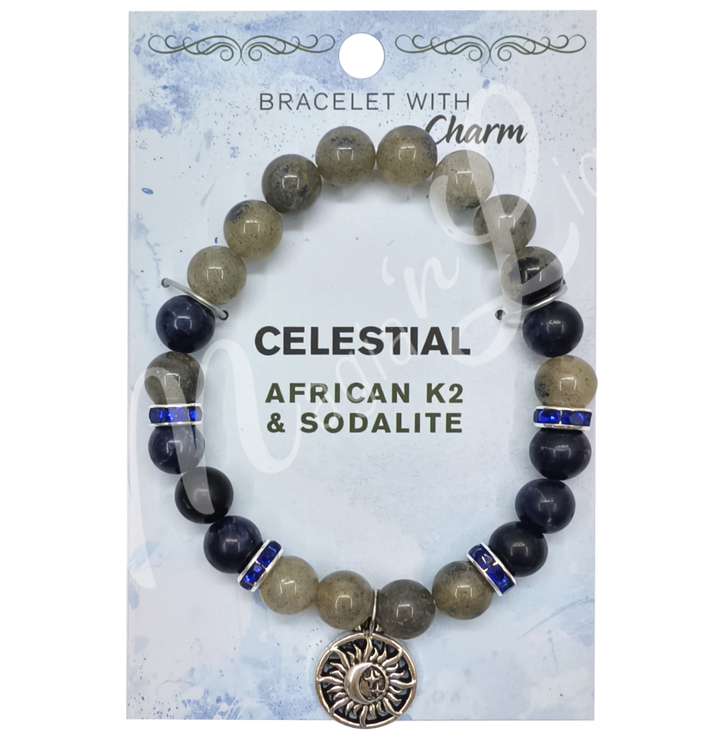 Bracelet African K2 & Sodalite w Celestial Charm (8-8.5 mm) 7.15-7.25"