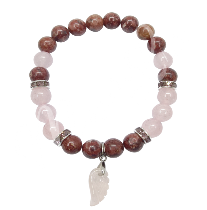 Bracelet Eudialyte & Rose Quartz w Angel Wing Charm (8-8.5 MM) 7.15-7.25"