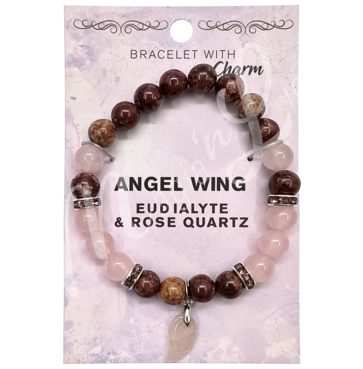 Bracelet Eudialyte & Rose Quartz w Angel Wing Charm (8-8.5 MM) 7.15-7.25"