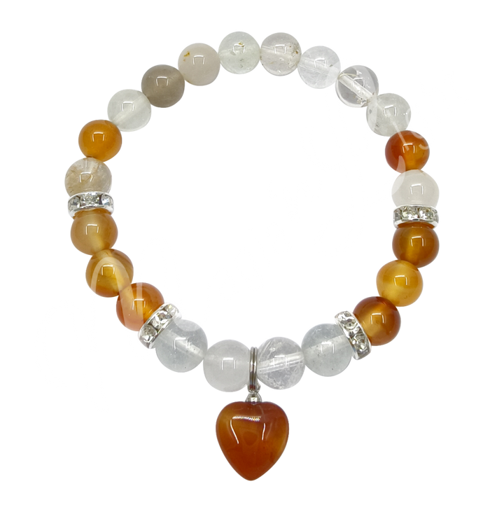 Bracelet White Topaz & Red Agate w Heart Charm (8-8.5 mm) 7.15-7.25"
