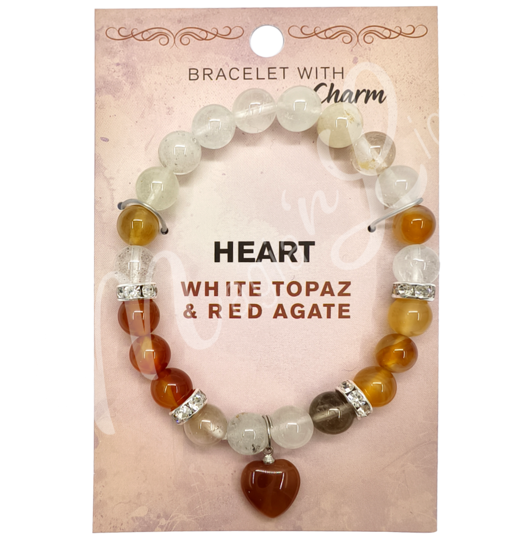 Bracelet White Topaz & Red Agate w Heart Charm (8-8.5 mm) 7.15-7.25"
