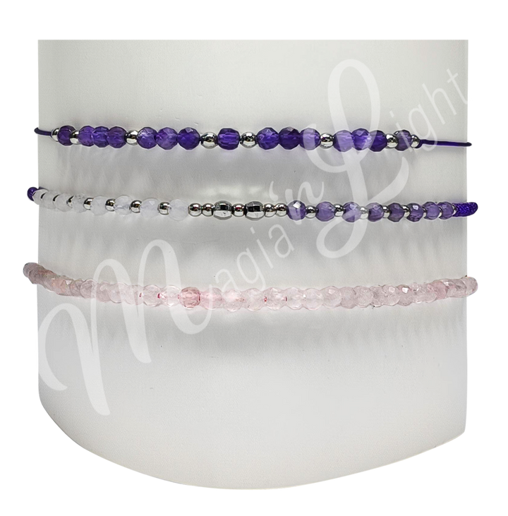 Bracelet Adjustable Amethyst & Rose Quartz (3 mm) 6-10.6" (set of 3)