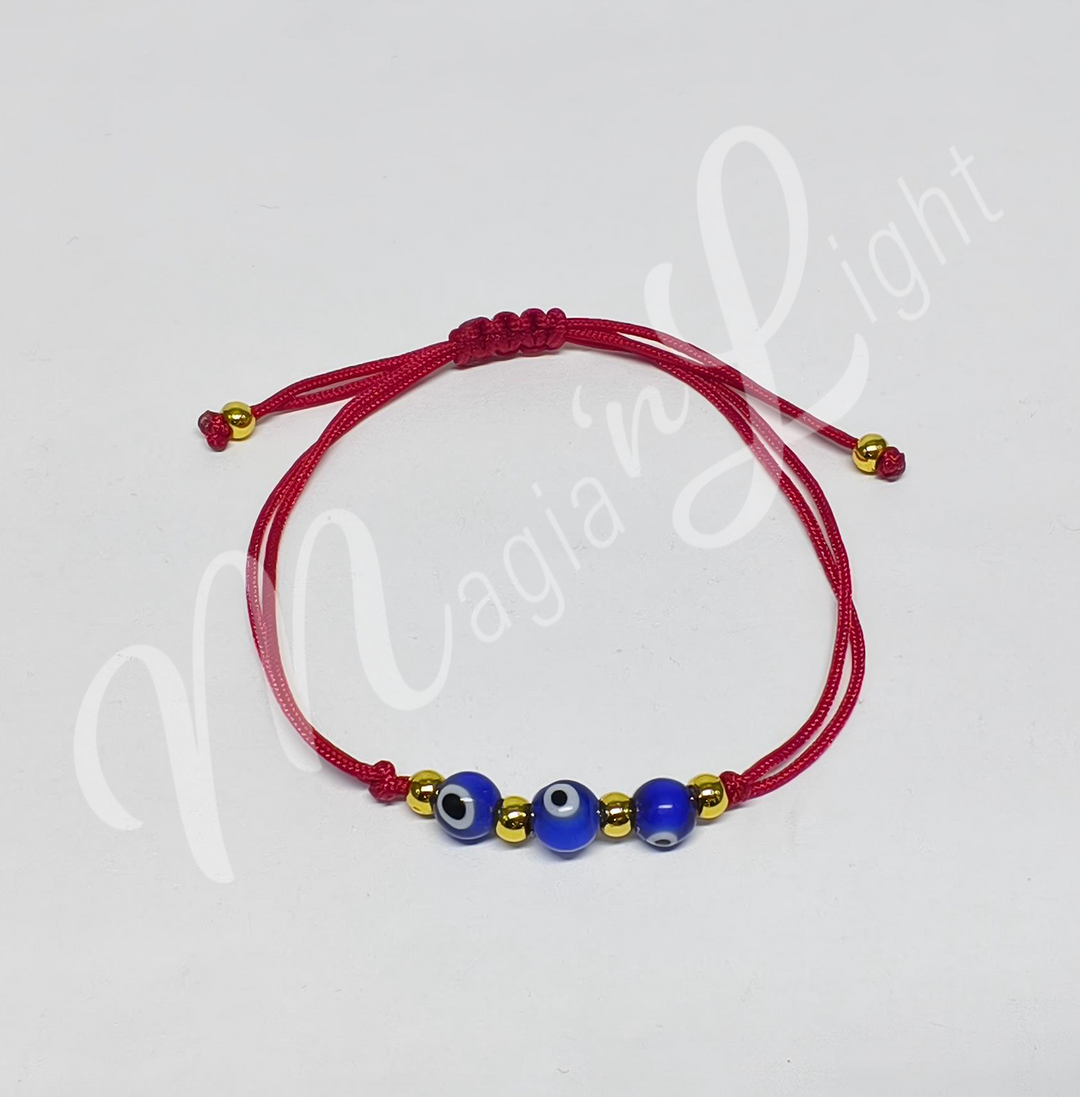 Bracelet Adjustable Red Cord w 3 Evil Eyes (6 mm) 6-10.6"
