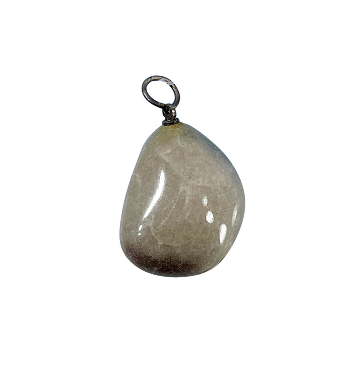 A polished tumbled stone pendant with a metallic loop on top.
