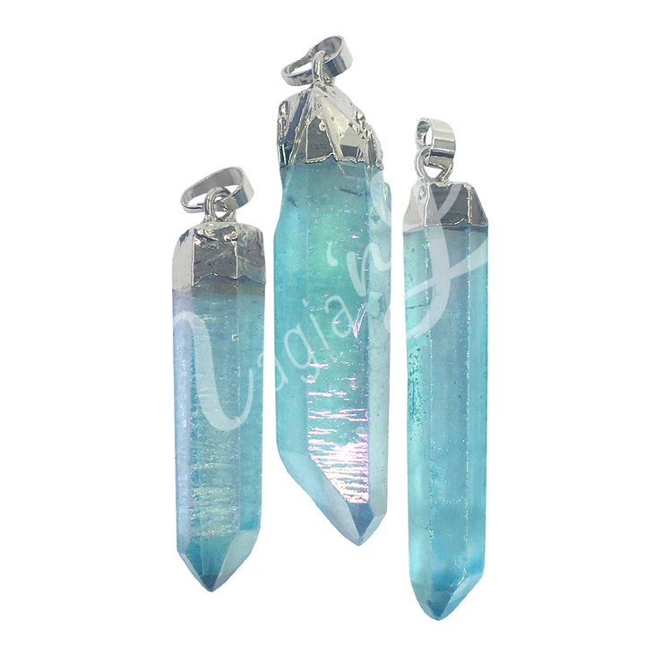 Pendant Point Rough Crystal Quartz Plated Aqua Aura with Cap 1.75-2.25″