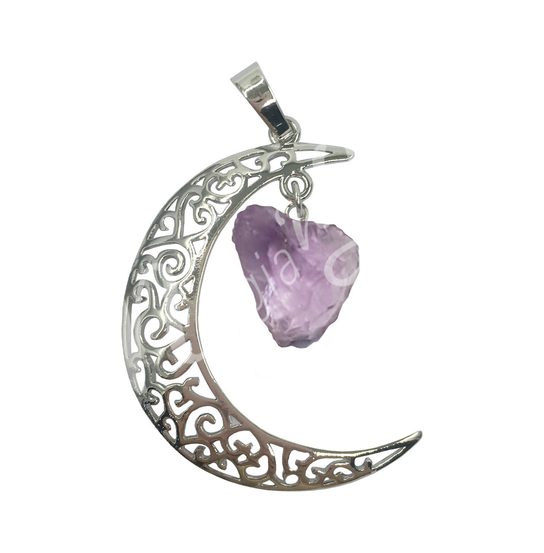 Pendant Moon with Hanging Amethyst 1.25"