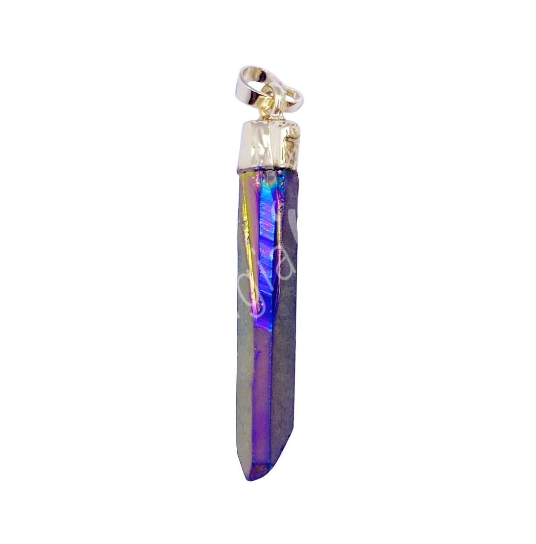 Pendant Point Black Rainbow Aura Quartz with Cap 0.75″