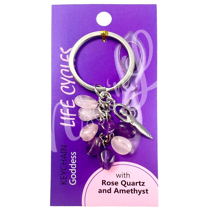 Keychain Rose Quartz & Amethyst Goddess 2.5-2.75"L