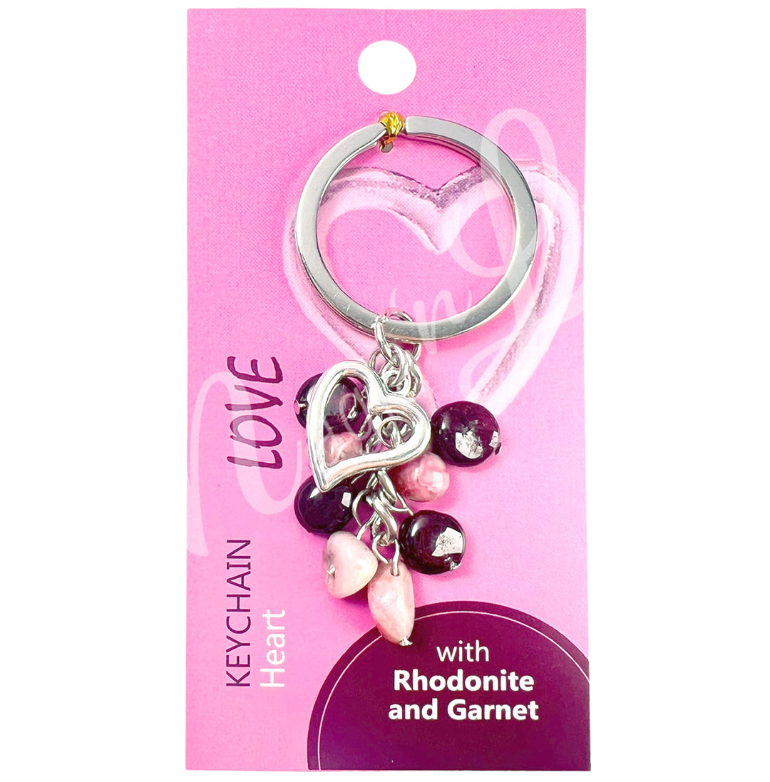 Keychain Rhodonite & Garnet Heart 2.5-2.75"L