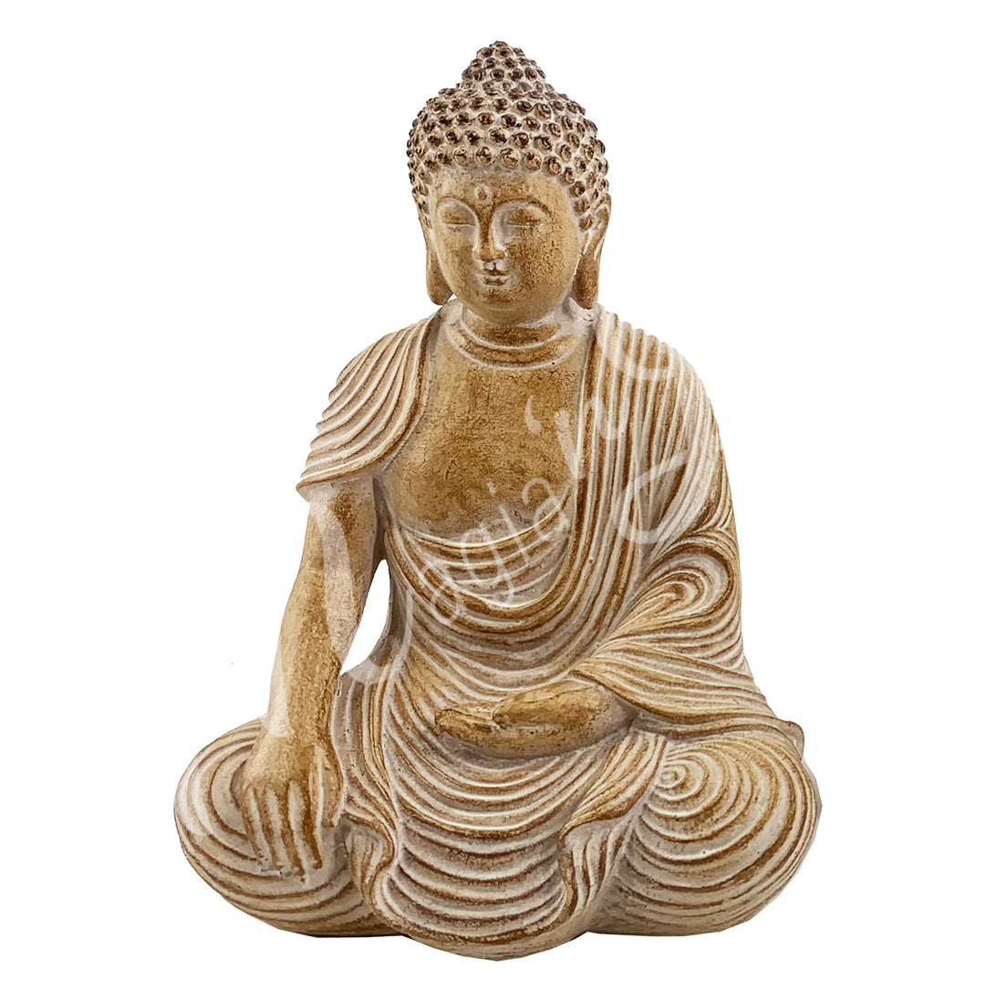A resin statue featuring a seated Buddha touching the earth.