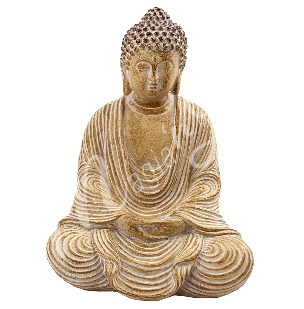 A resin statue featuring a seated Buddha in meditation.
