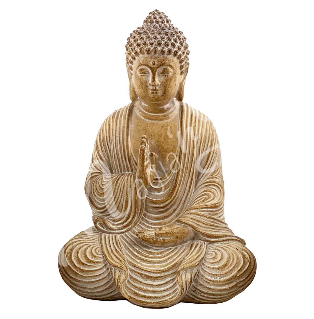 A resin statue featuring a seated Buddha in meditation with a raised hand.