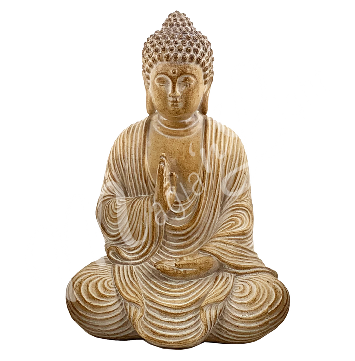 A resin statue featuring a seated Buddha in meditation with a raised hand.