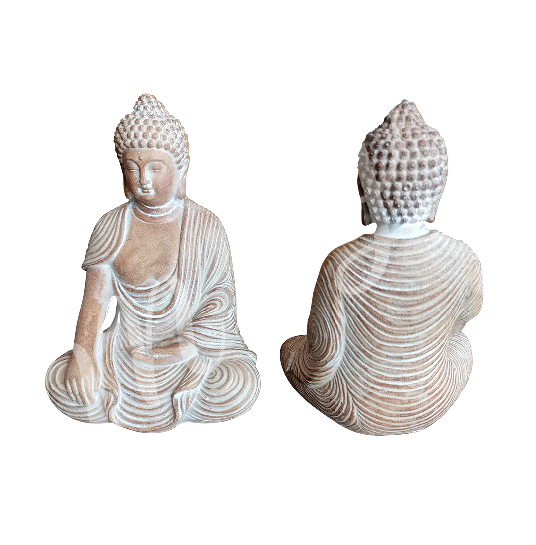 Seen left to right :
A resin statue featuring the Buddha seated, touching the earth from the front.
The same statue seen from the back.