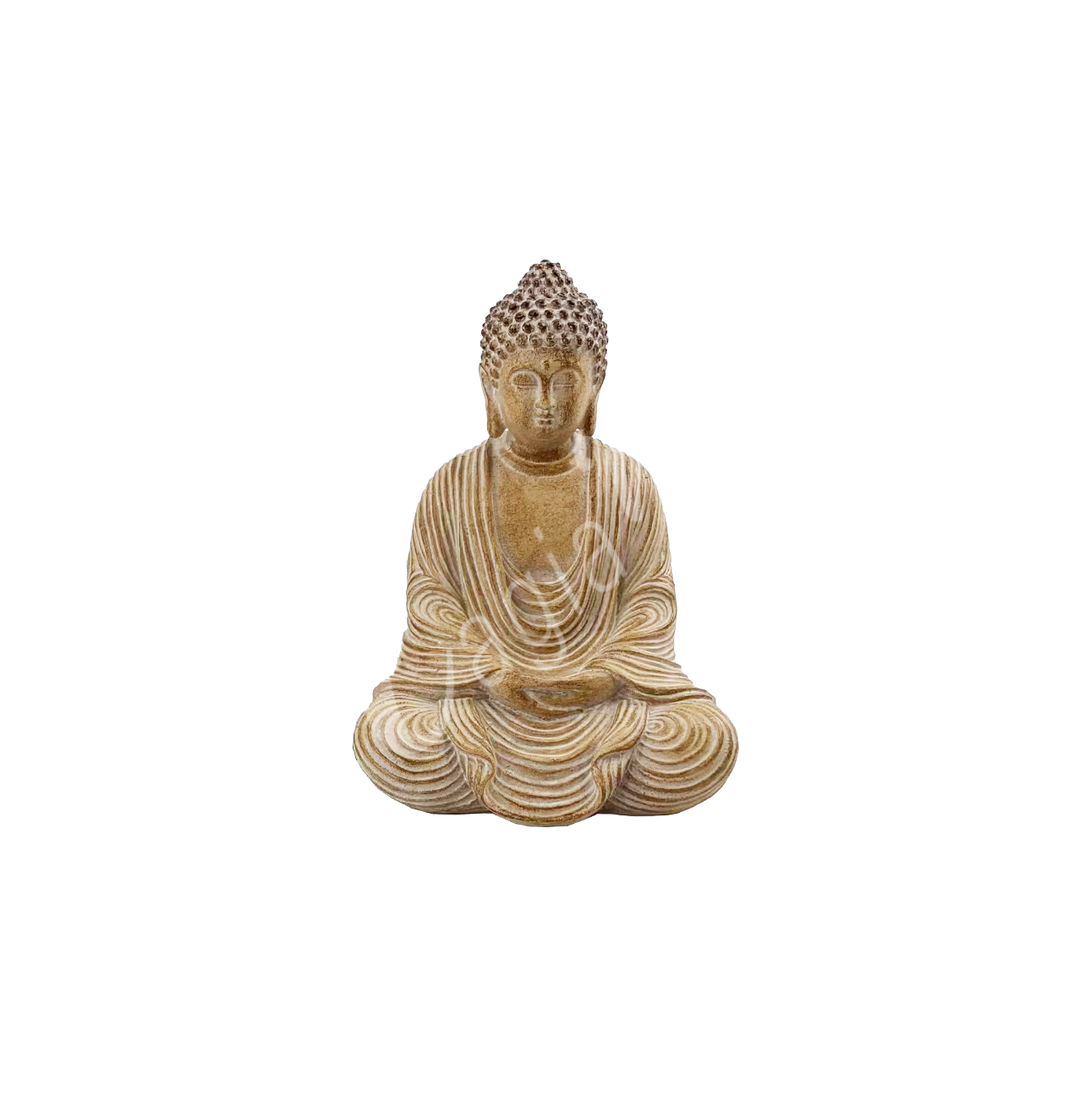 A resin statue featuring the Buddha seated, in meditation.