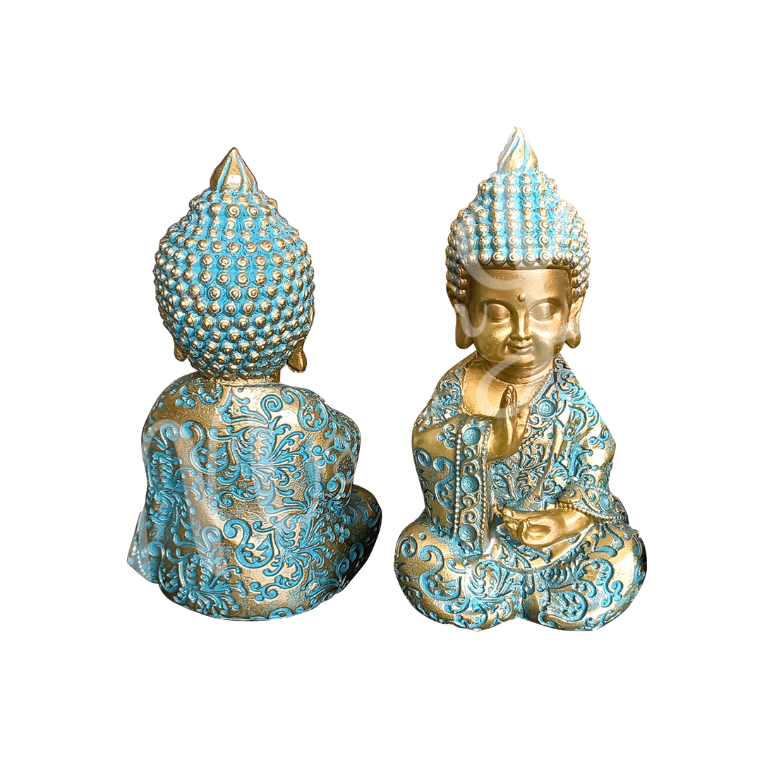 Seen from left to right: 
A gold and verdigris-colored resin statue featuring a seated Buddha, shown from the back and front.