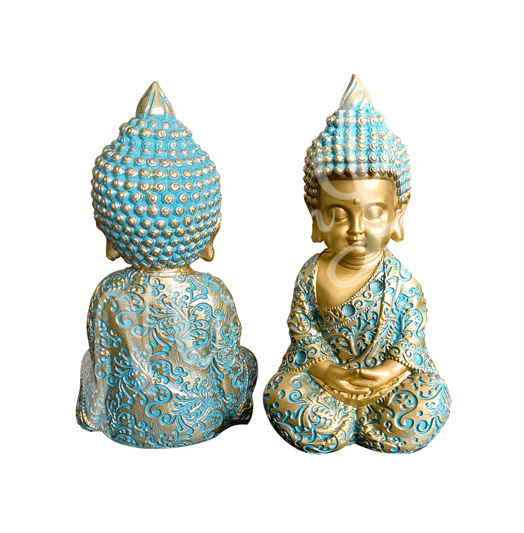Seen from left to right: 
A gold and verdigris-colored resin statue featuring a seated Buddha in meditation, shown from the back and front.