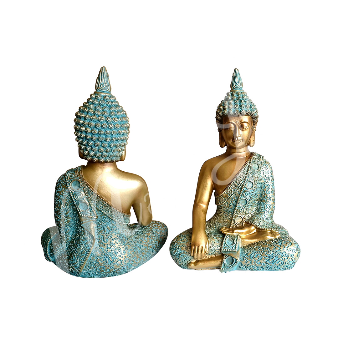 Seen from left to right: 
A gold and verdigris-colored resin statue featuring a seated Buddha touching the earth, shown from the back and front.