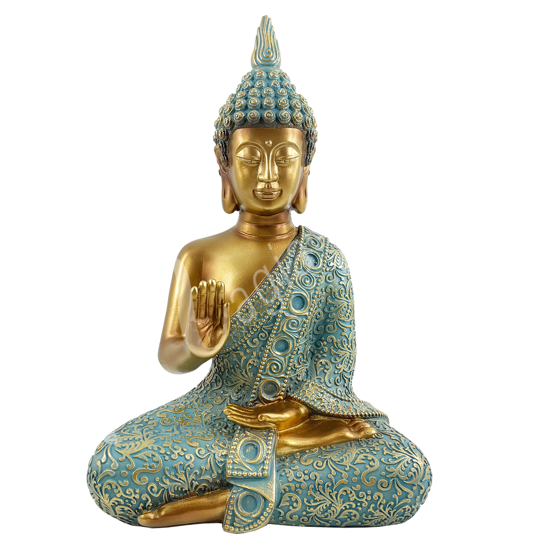 A gold and verdigris-colored resin statue featuring a seated Buddha with a raised hand.