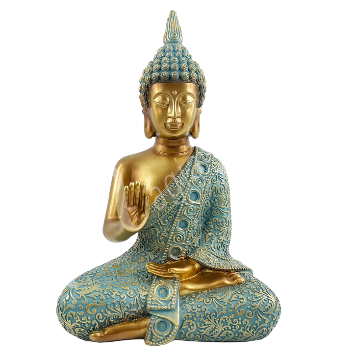 A gold and verdigris-colored resin statue featuring a seated Buddha with a raised hand.