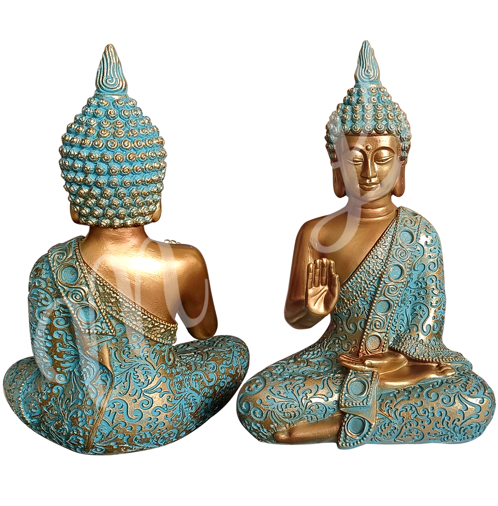 A gold and verdigris-colored resin statue featuring a seated Buddha with a raised hand, shown from back and front.