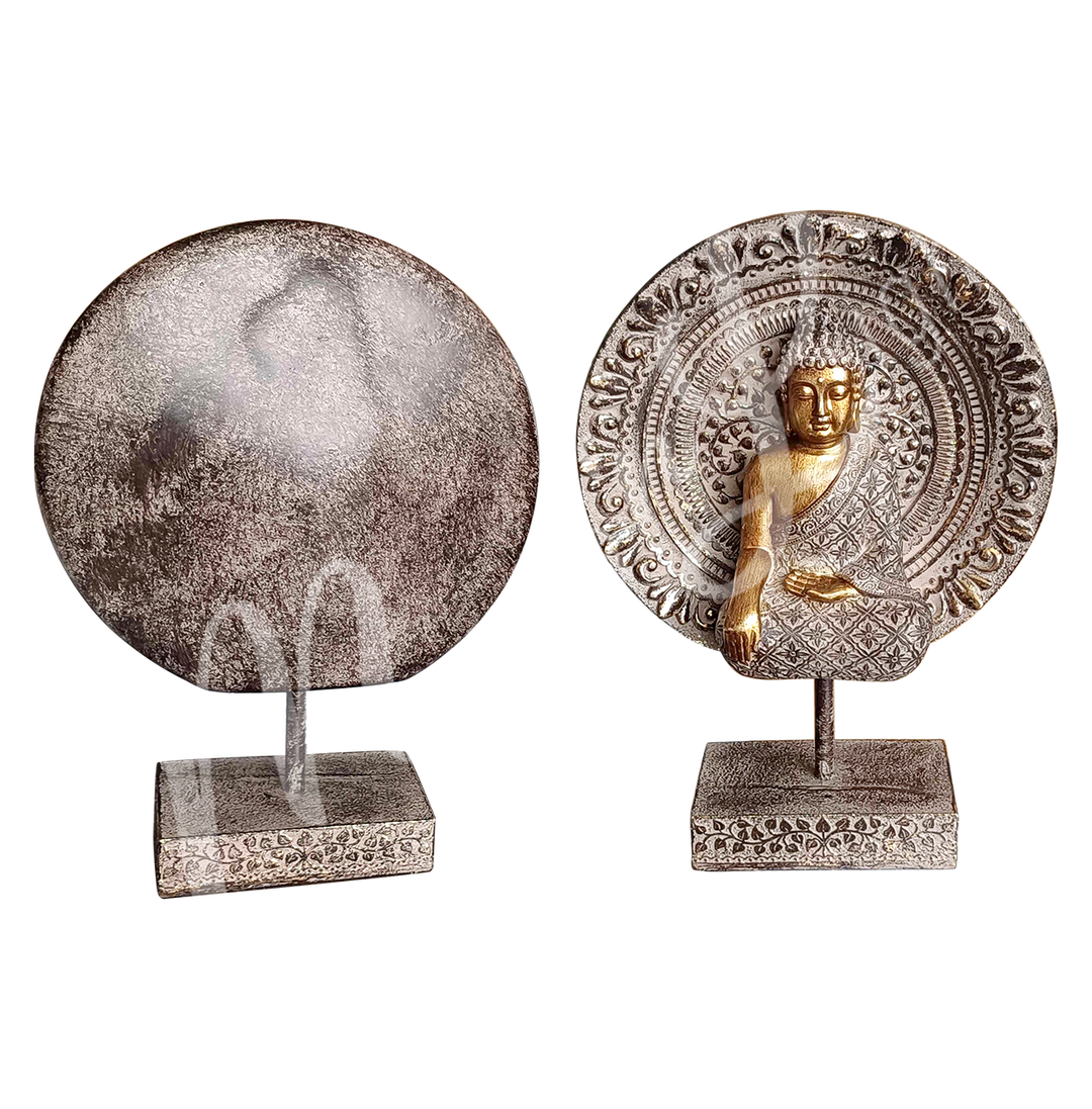 Seen left to right:
A resin statue featuring the Buddha seated, touching the earth, mounted on a plaque with a stand. Seen from the back.
The same statue seen from the front.