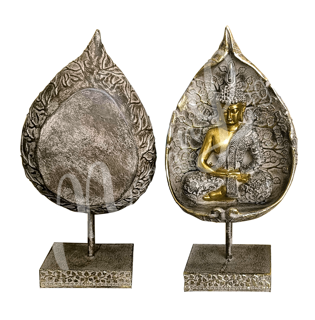 Seen left to right:
A resin statue featuring the Buddha seated, mounted on a leaf plaque with a stand. Seen from the back.
The same statue seen from the front.
