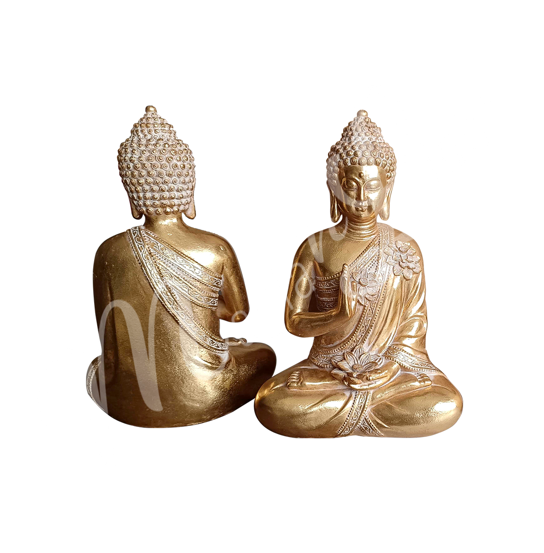 Seen from left to right: 
A gold-colored resin statue featuring a seated Buddha in meditation, shown from the back and the front.