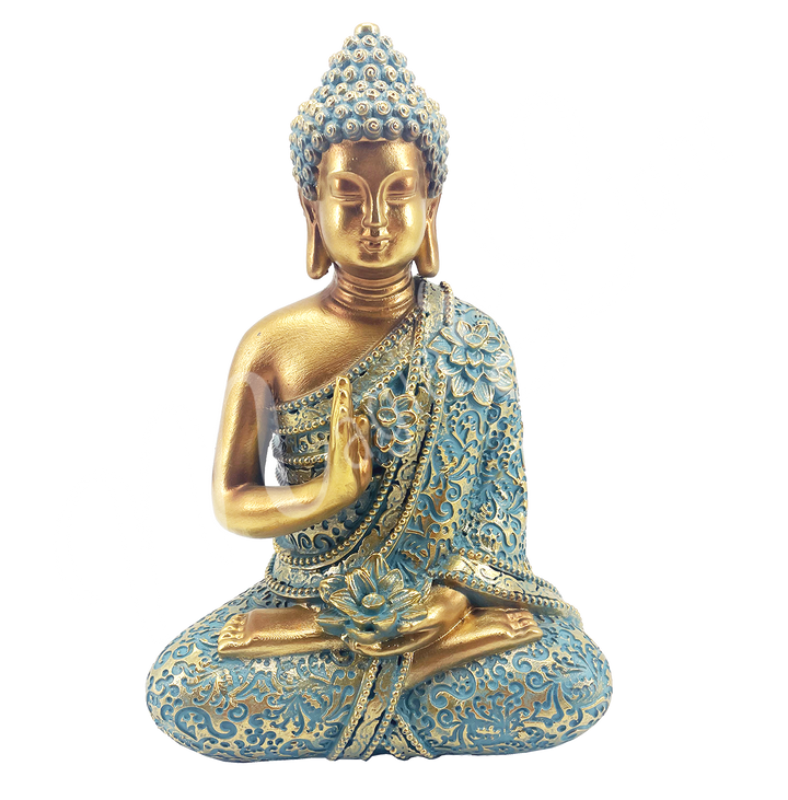 A gold and verdigris-colored resin statue featuring a seated Buddha in prayer, holding a lotus flower.