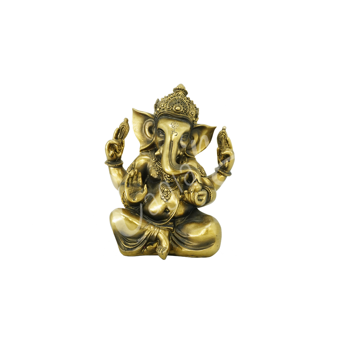 A gold-colored resin statue featuring the deity Ganesha seated.