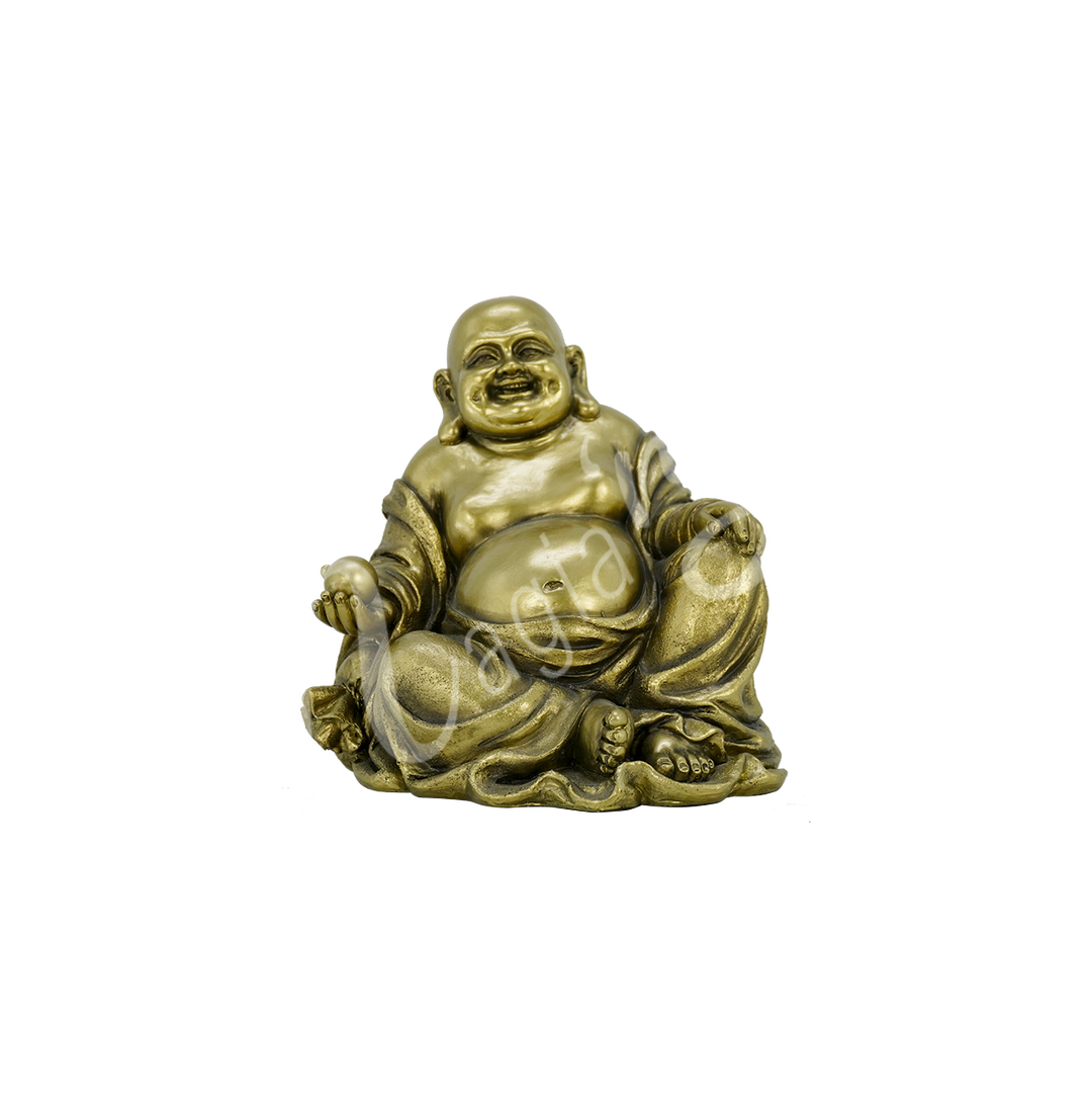 A gold-colored resin statue featuring a happy Buddha seated.
