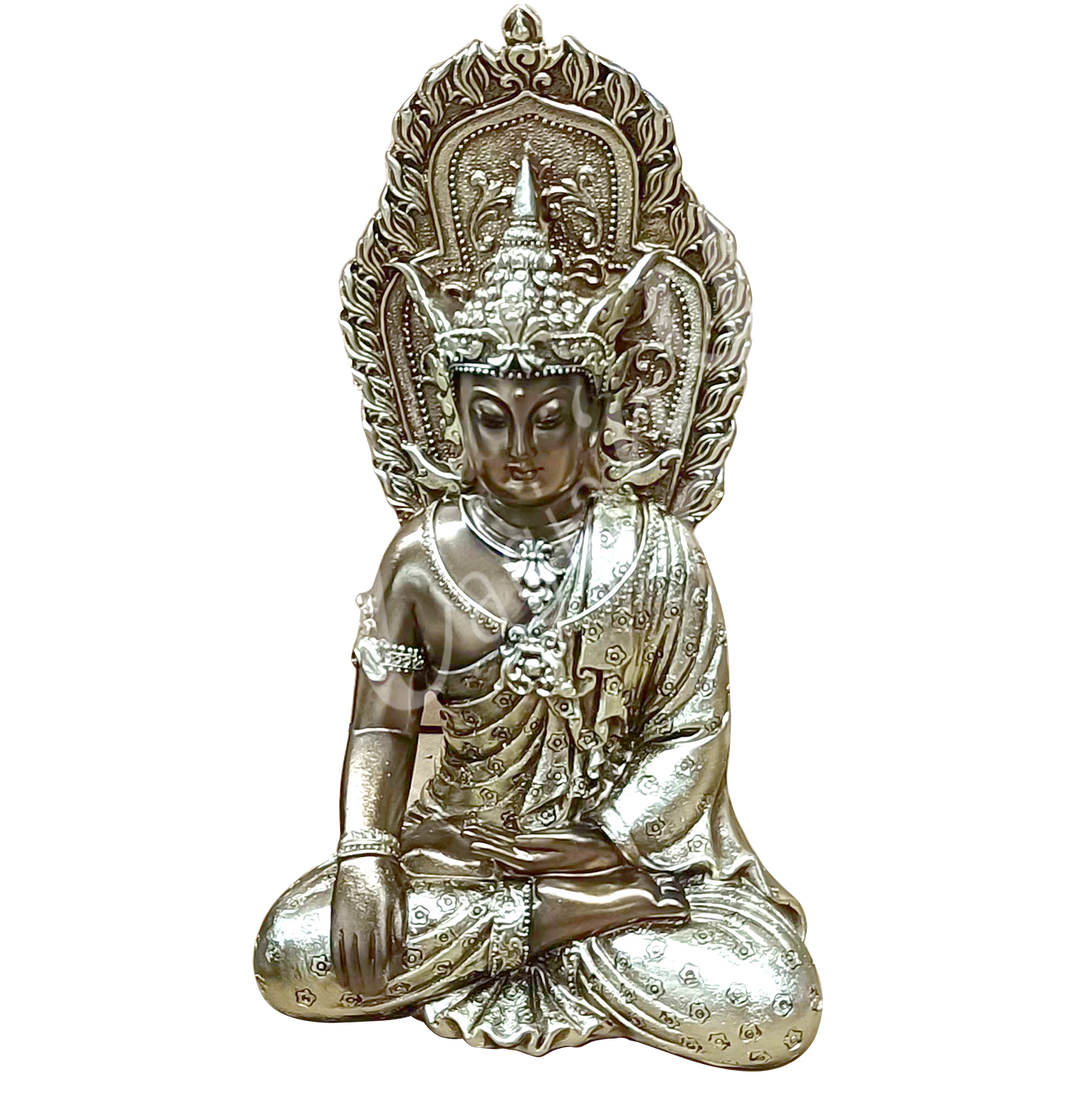 A gold-colored resin statue featuring a seated Balinese Buddha touching the earth.