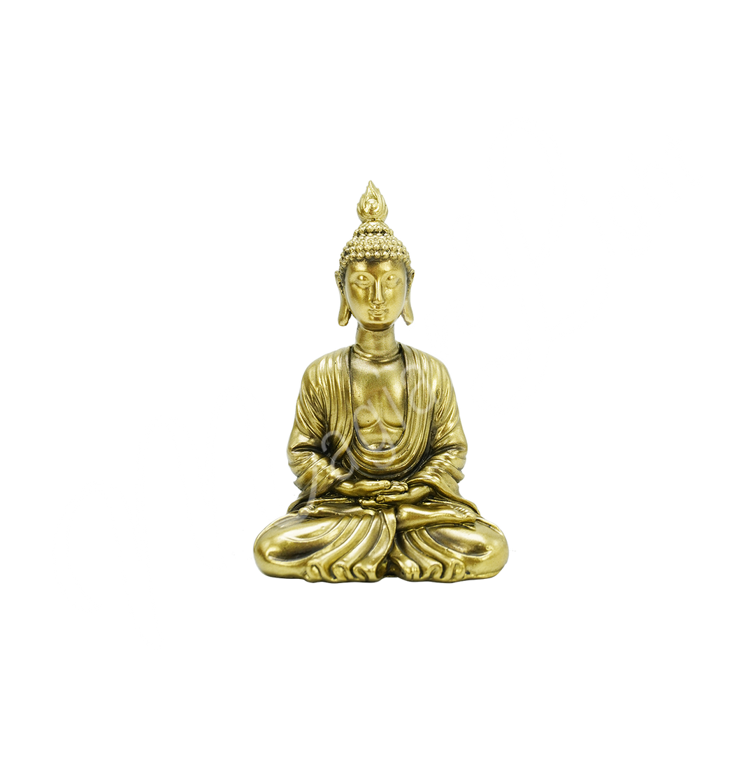 A gold-colored resin statue featuring a seated Buddha in meditation.