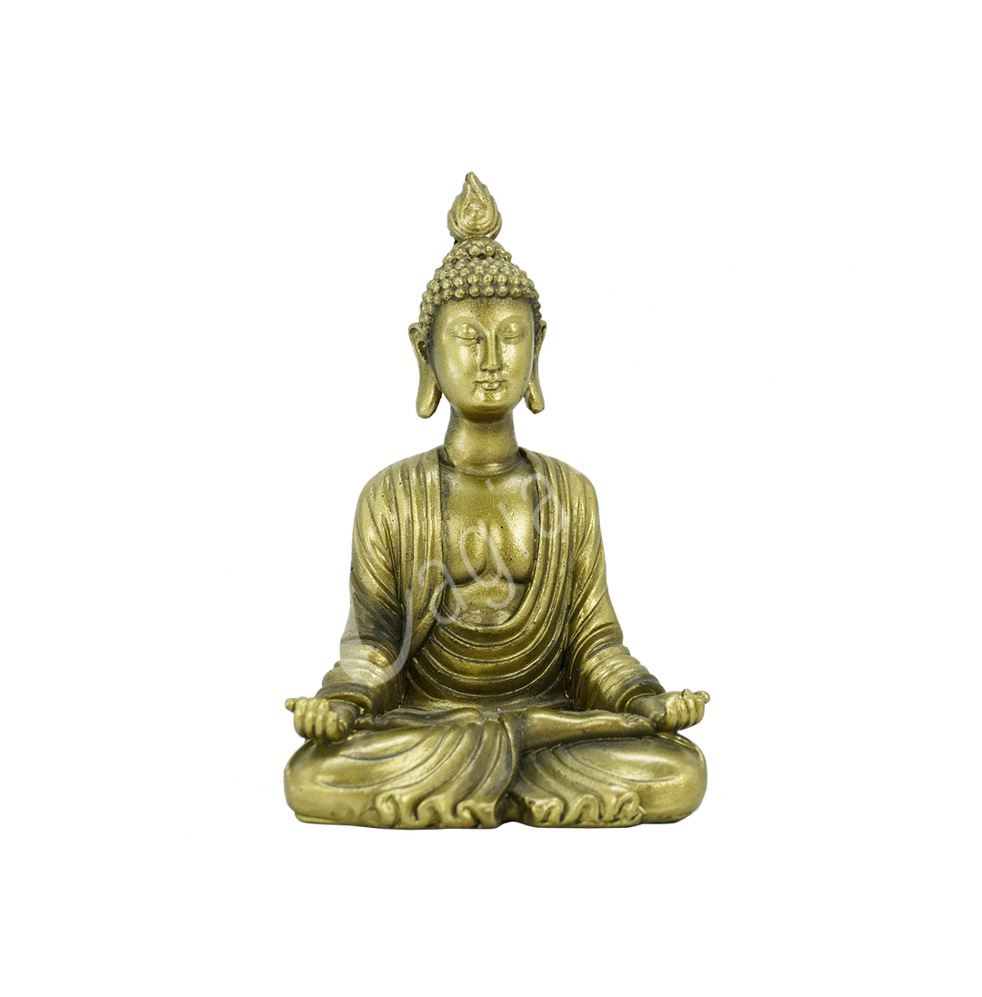 A gold-colored resin statue featuring a seated Buddha in meditation with open hands.