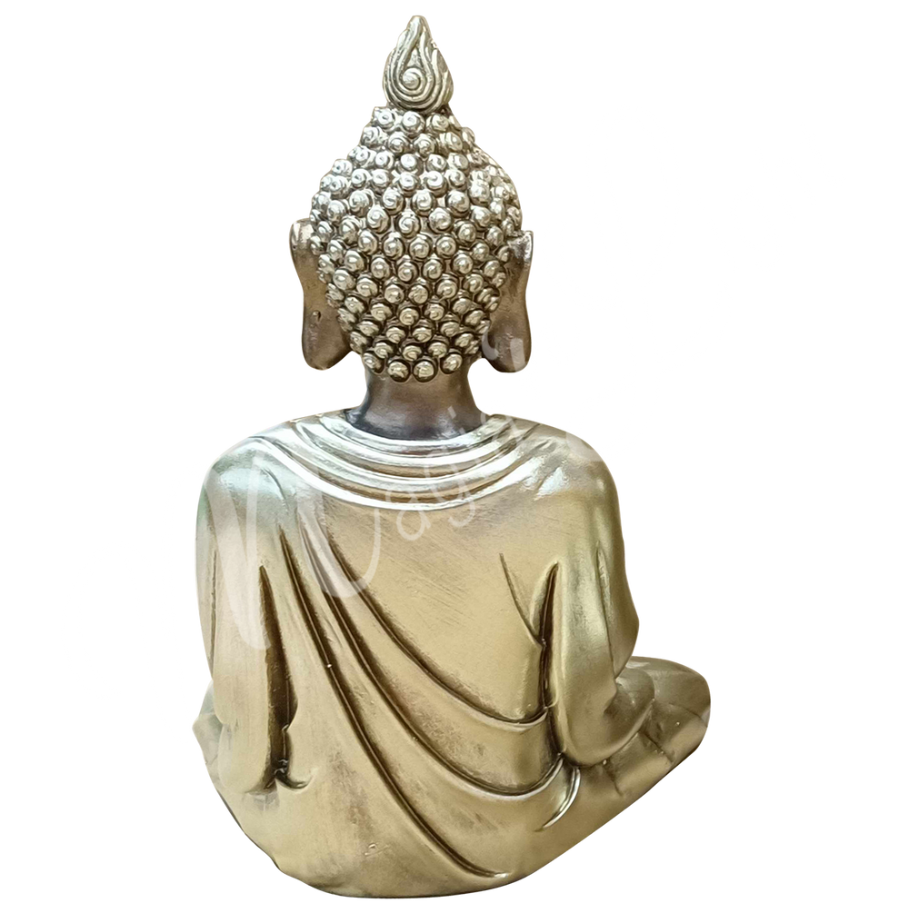 A bronze-colored resin statue featuring a seated Buddha in prayer, seen from the back.