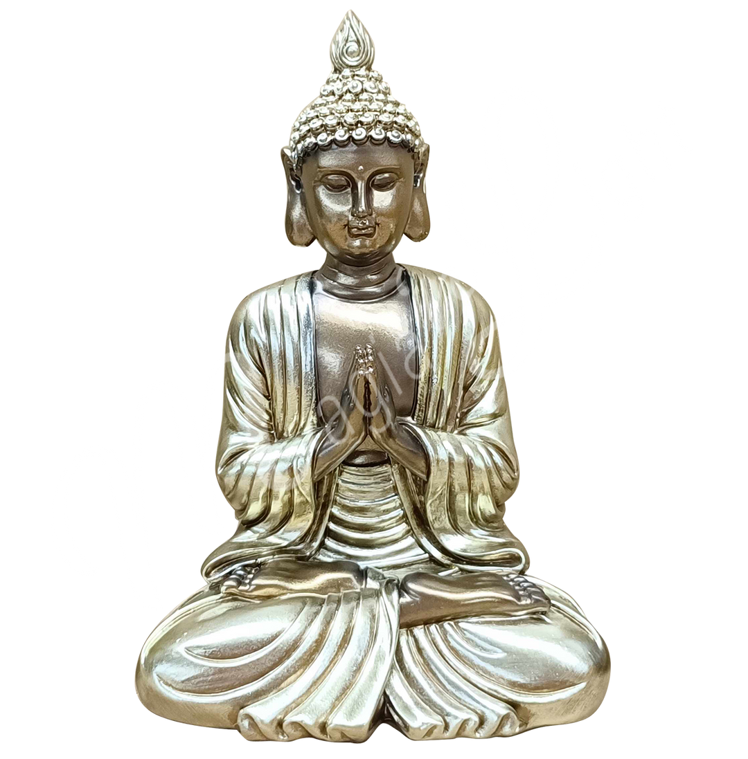 A bronze-colored resin statue featuring a seated Buddha in prayer.