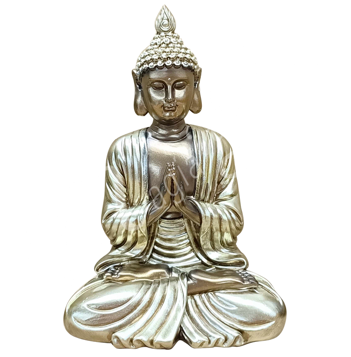 A bronze-colored resin statue featuring a seated Buddha in prayer.