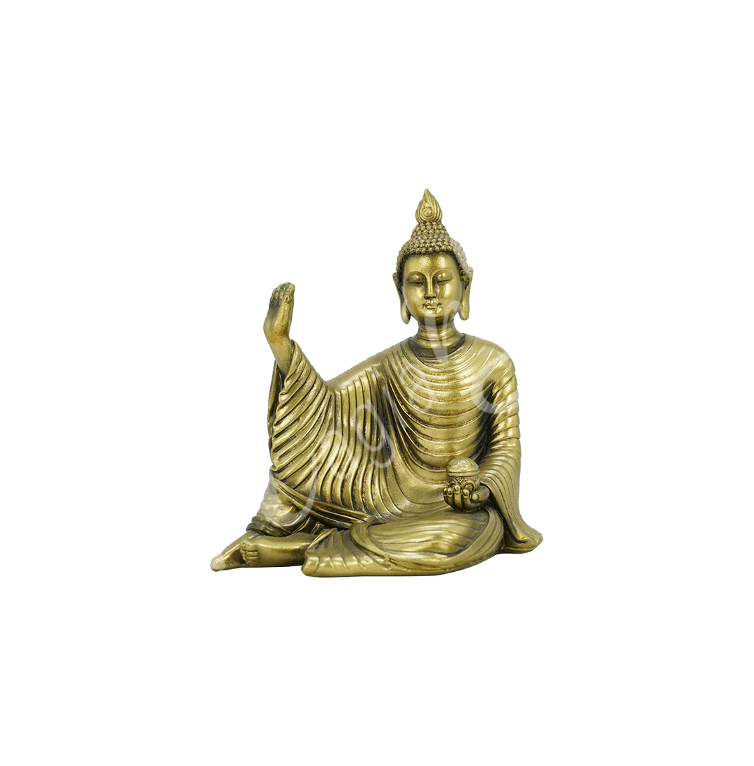 A gold-colored resin statue featuring a seated Buddha holding a lotus flower.