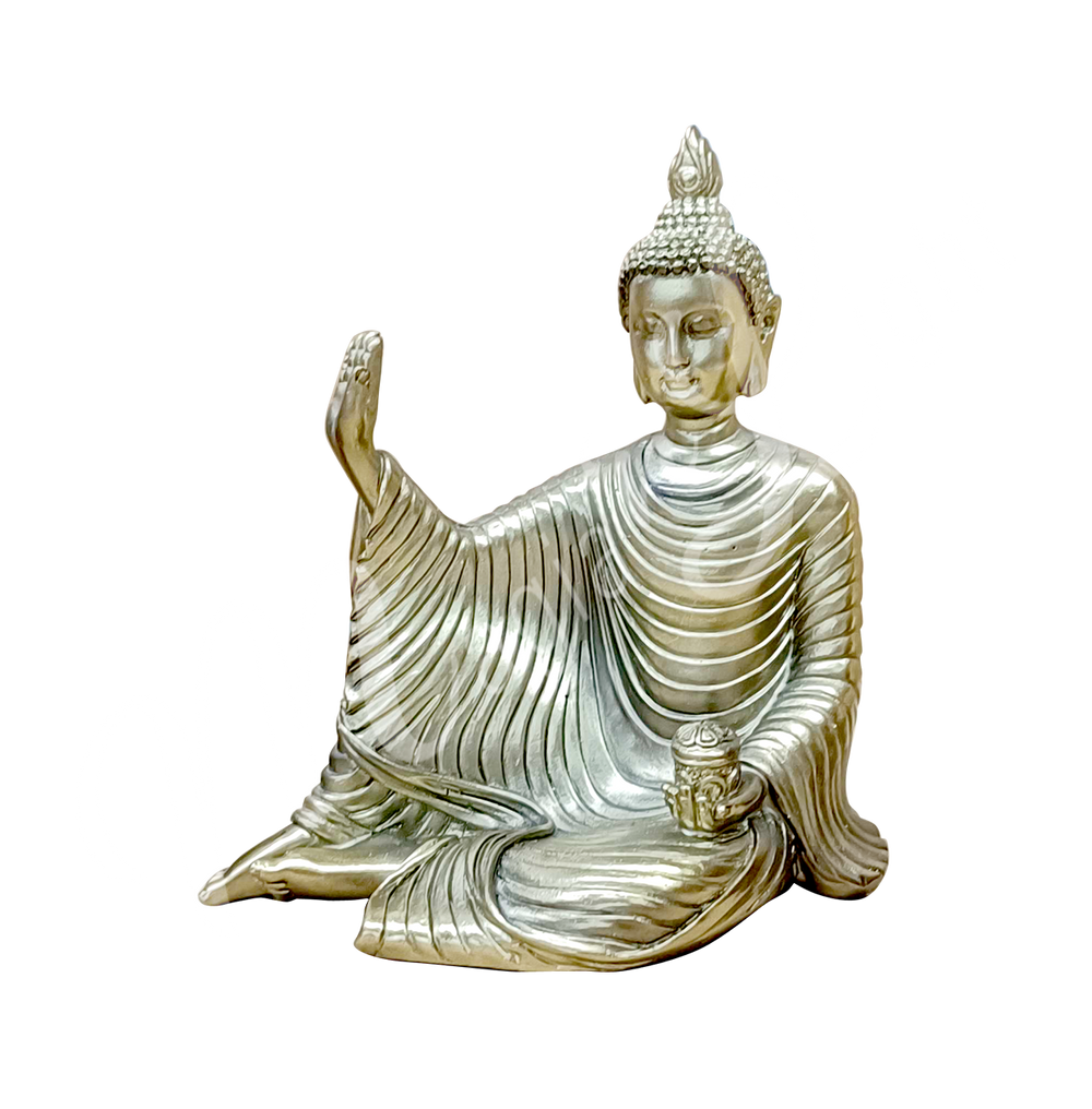 A gold-colored resin statue featuring a seated Buddha holding a lotus flower, seen with an angle.