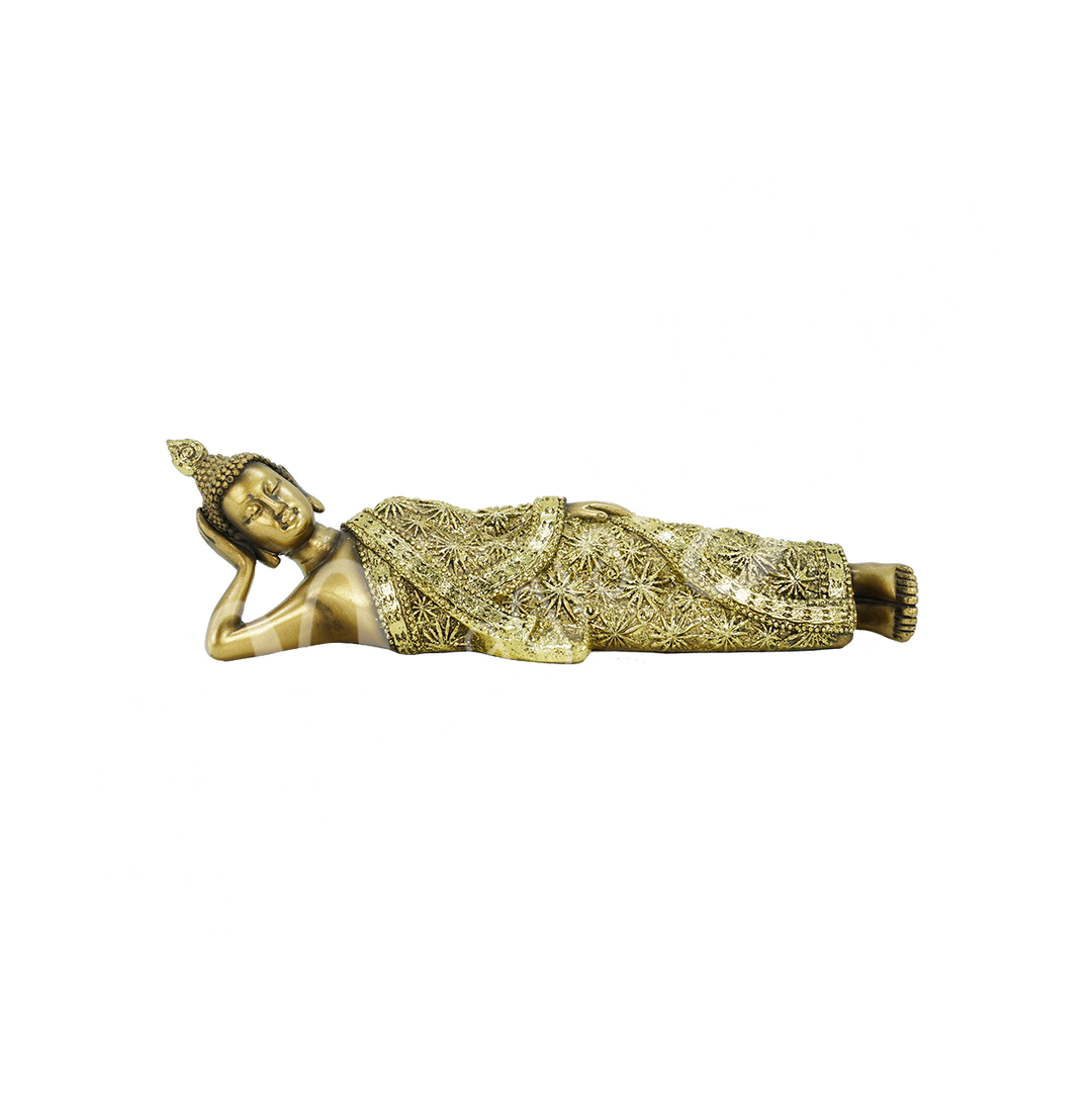 A gold-colored resin statue featuring the reclining Buddha.