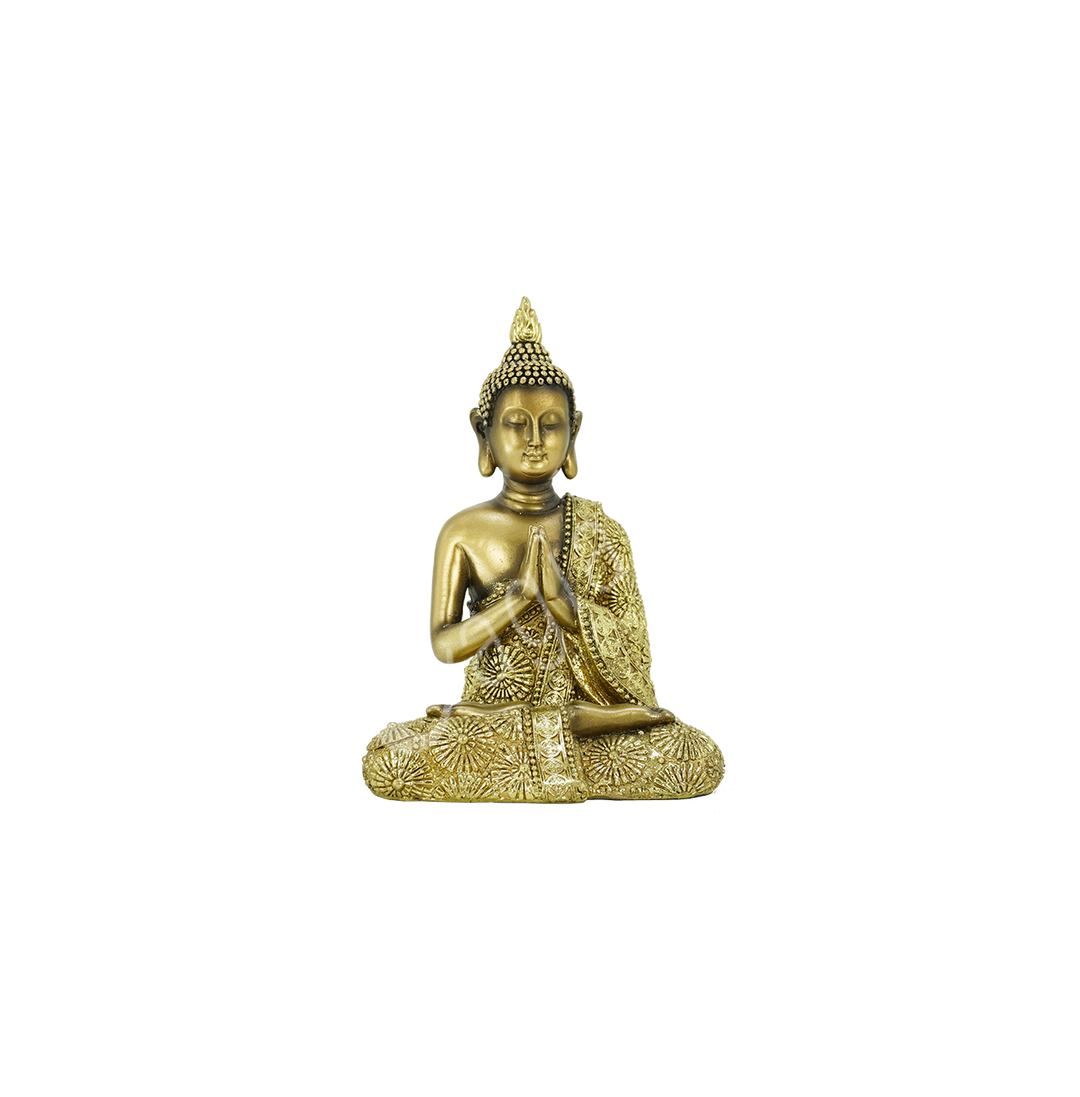 An antique gold-colored resin statue featuring a seated Buddha in prayer.